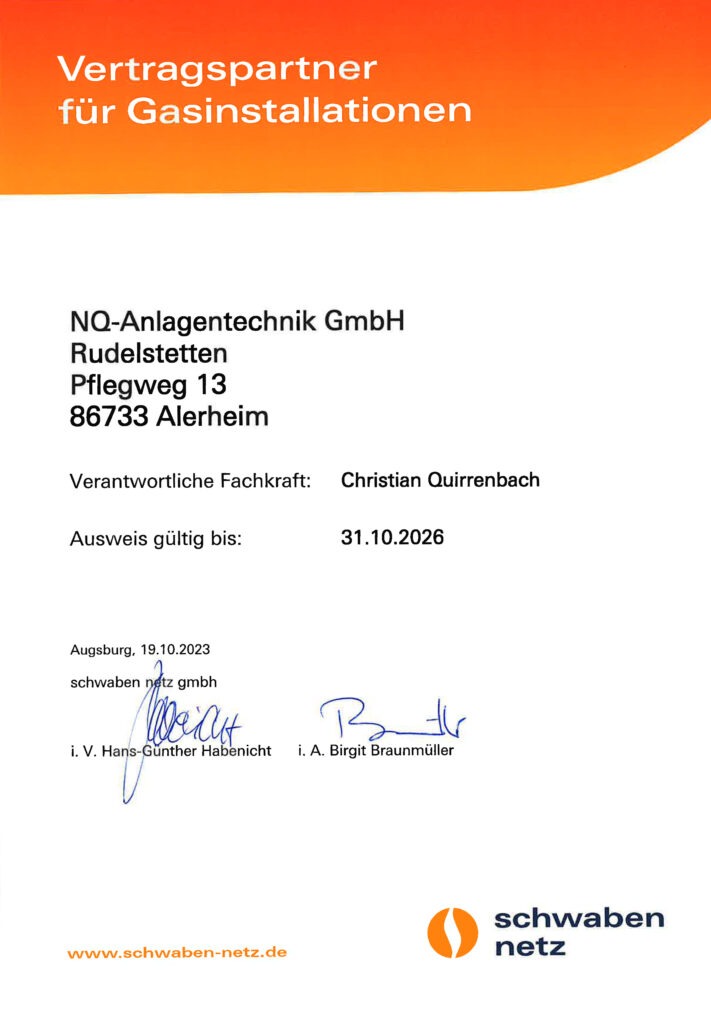 NQ Anlagentechnik: Schwaben-Netz-Vertragspartner für Gasinstallationen